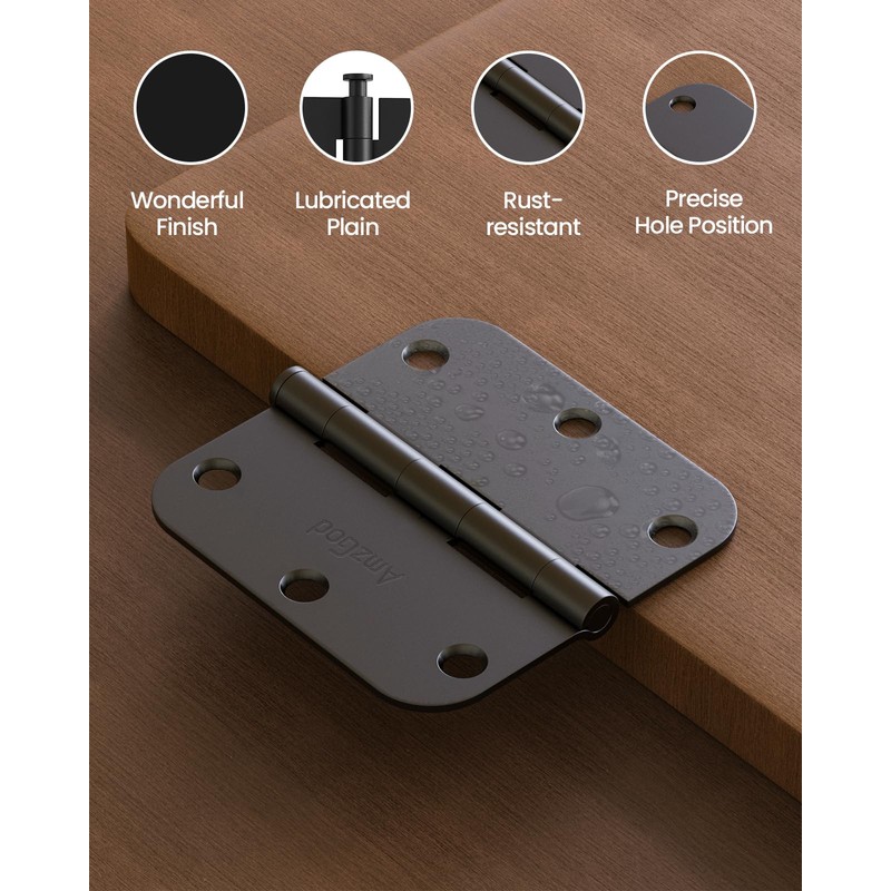 Black Door Hinges - 12 Pack 3.5 Inch Rounded with