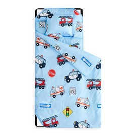 Wake In Cloud - Cot Nap Mat with Pillow and Blanket, for Toddler Kids Boys Girls in Daycare Kindergarten Preschool Pre K with Elastic Corner Straps, Cars Vehicles Trains Airplanes, Light Blue