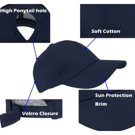 Solid Ponytail Hat Baseball Cap Cotton Mesh High Bun Pony Cap Women 56-58cm (22"-23") (Solid High Ponytial-Navy, Medium)