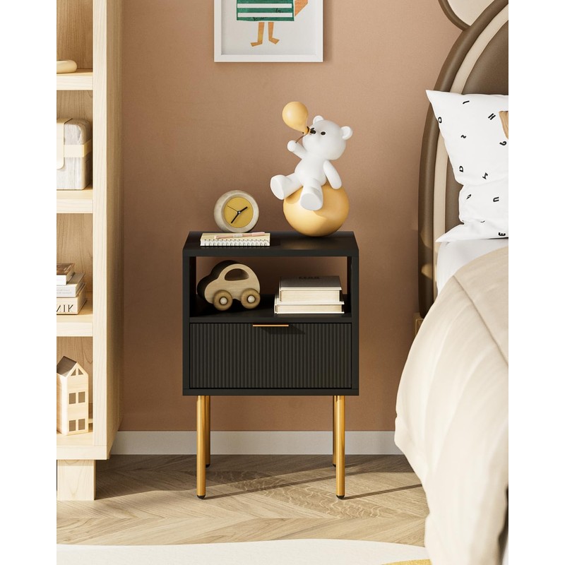 AEPOALUA Nightstand,Morden Bedside Table with Gold Frame,Small Black Night Stand,End