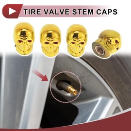 HEROFFIX 4 Pcs Skull Head Shape Tire Valve Stem Caps Decorative Tyre Valve Dust Covers 7x22mm Gold Tone Plastic Copper