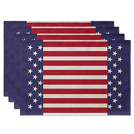 Artoid Mode Watercolor Stripes and Stars 4th of July Patriotic Memorial Day Placemats for Dining Table, 12 x 18 Inch Summer Seasonal Holiday Rustic Vintage Washable Table Mats Set of 4