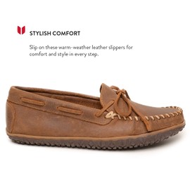 Minnetonka Men's Tie Tread - Suede Mocassins for Men - Water-Resistant Indoor Outdoor Slippers with MinnTREAD Rubber Sole, 12 M Brown