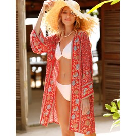 Vancavoo Beach Tunic Women's Beach Dress Long Summer Pareo Beach Tunic Floral Print Cardigan Boho Bikini Cover Up Long Sleeves Beach Poncho Beach Cardigan Swimwear, red
