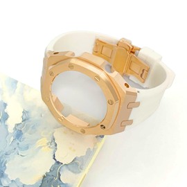Ga2100 Band Case Strap Mod Kit,Pink Gold Stainless Steel Metal Case Bezel 9 match Color Silicone Band Strap Parts Compatible With Casio G shock Ga-2100 Ga-2110 GAB-2100 (White Silicone Band)