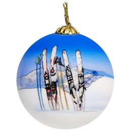 Hand Painted Glass Christmas Ornament - Skis & Poles in Snow Park City