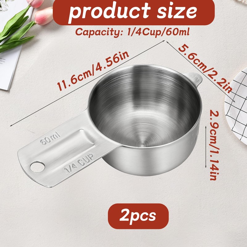 2PCS 1/4 Cup Scoop Measuring Cup (60ml, 2oz) Stainless Steel