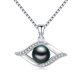 KANNSOAR Tahitian Black Pearl Necklace for Women 18K White Gold Plated Sterling Silver Evil Eyes Pendant Necklace Tahitian Black Pearl Necklace Gifts for Wedding Anniversary Birthday Graduation