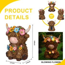 Colingmill 2 Pack Highland Cow Solar Lights Spring Easter Highland Cow Garden Resin Statue with Flower Decoration Solar Outdoor Decor for Patio Yard, Ideal Gift for Mom and Women
