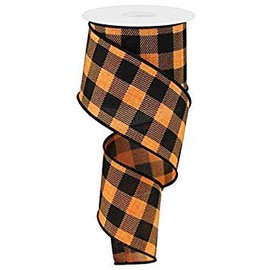 Plaid Check Wired Edge Ribbon - 10 Yards (Orange, Black, 2.5")