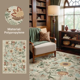 Bavni Washable Living Room Large Area Rug, Non Slip 6'x 9' Low Pile Rugs, Durable Lightweight Soft Vintage Floral Carpet Runner with Rubber Backing Bedroom(Beige/Green)