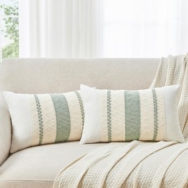 Grineed Throw Pillow Covers Set of 2 12x20 Inch Boho Pillow Covers, Soft Lumbar Neutral Cotton Sage Green Decorative Case for Couch Sofa Bed Living Room, Home Modern Woven Farmhouse Cute Decor