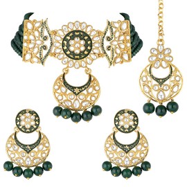 I Jewels Gold Plated Indian Wedding Bollywood Kundan Studded Pearl Choker Necklace Jewellery Set For Women (ML291G)