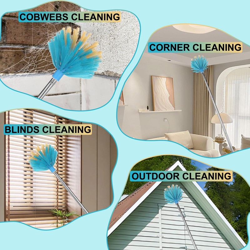 Cobweb Duster with Extension Pole，Medium Stiff Bristles Cobweb Duster Head