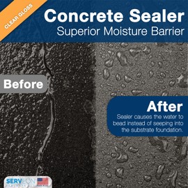 Serveon Sealants Concrete Driveway Sealer Plus Stain Guard (Clear Gloss Finish) Commercial Grade Outdoor Indoor Waterproof Sealant Protects Pavers Sidewalks Pools (1 Gallon) H2700