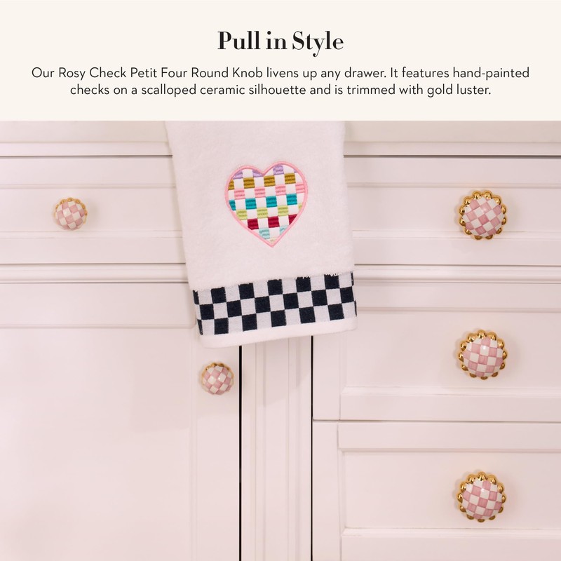 MACKENZIE-CHILDS Petit Round Knob, Decorative Drawer Pull Knob, Pink-and-White Rosy