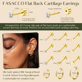 FASACCO Small Tiny Stud Flat Back Earring Hypoallergenic Gold Studs 14K Surgical Steel Earring Sets for Multiple Piercing Cartilage Hoop Earrings