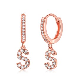 SANNYRA Initial S Hoop Earrings for Women, Rose Gold Plated CZ Letter Hypoallergenic Stud Earring, Trendy Jewelry Valentine's Day Gifts for Her