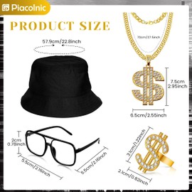 80s 90s Hip Hop Costumes Kit, 4PCS Dollar Sign Pendant Necklace Ring Set 80s Costume Men Outfit Sunglasses Hat for Men Women