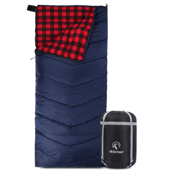 REDCAMP Cotton Flannel Sleeping Bag for Adults, XL 32/41/50F Comfortable, Envelope Sleeping Bag with Compression Sack, Red Plaid 2lbs(79"x33")