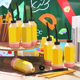 Tanlade 12 Pcs Pencil Disposable Cups with Lid and Straw Crayon Plastic Cups Tumbler 10 oz Bulk for Teacher Appreciation Gifts Birthday First Day of School Classroom Party Favors