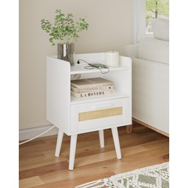 AEPOALUA Nightstand,Boho Bedside Table,Rattan Night Stand with Rattan Decorated Drawers,Bedside Furniture, Wood End Table for Bedroom,Living Room,Natural (Bohemian-Outlet, White)