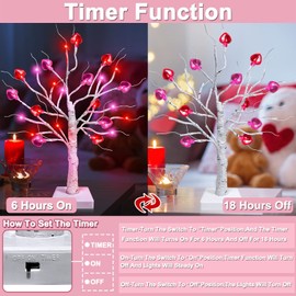 [ 2 Pack & Timer ] Valentine's Day Tree Decorations Tabletop Lighted Birch Tree with Heart Lights 24 Red Pink LED Lights Battery Operated 18 Inch Valentines Decorations Home Indoor Party Wedding Decor