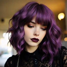 Short Wavy Purple Bob Wig with Bangs Synthetic Wigs for Women