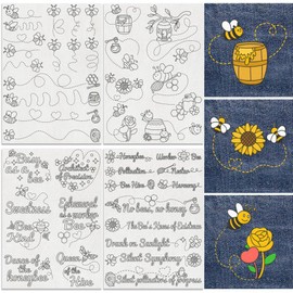 DOODLREAM 42Pcs Bee Tracks Water Soluble Hand Sewing Stabilizers, 21 x 29.7cm Bee Hive Word Embroidery Pattern Stabilizer, 4 Sheets Inect Stick and Stitch Embroidery Paper Sticker