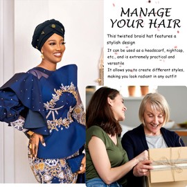 Poeruse 2PCS Turbans for Women Tied Twisted Braid Hair Beaded Headscarf Turban Head Wraps African Beanie Headwraps (Black)