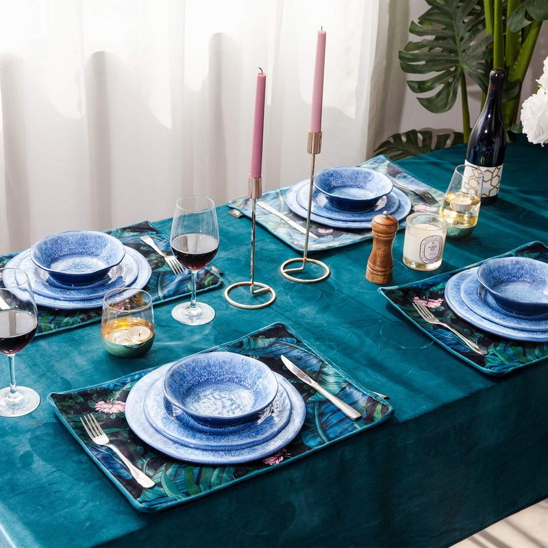 Topmela 12 Pcs Blue Melamine Dinnerware Set, Shatterproof and Dishwasher