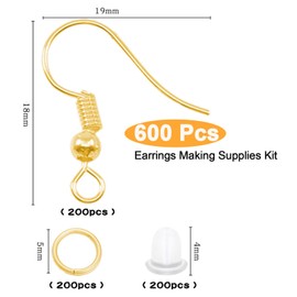 Earring Hooks Earring Making Kit – 600 Pcs Gold Plated Hooks, Rubber Backs, Jump Rings - Jewelry Making Supplies for DIY Earrings