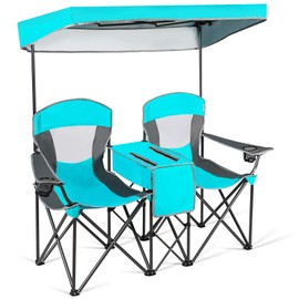 COSTWAY Double Camping Chair, Portable Camping Chair with Canopy, Cup Holder, Iced Bag, Storage Bag, Carrying Bag, Folding Loveseat Camping Chair for Adults, Outdoors Sport, Turquoise