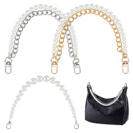 AHANDMAKER 3pcs 3 Styles Pearl Purse Chain, 12.6 inch Imitation Gold Silver Metal Short Handle Replacement Bag Extender Chain Pearl Bag Charm for Wallet Clutch Crafts Making Supplies