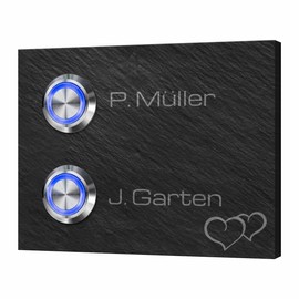 '2 Double Door Bell with Bell natural slate "Twin Side LED Door Bell Push and Name Engraving Engraving Fine Gift Wedding Gift Birthday Gift [Energy Class A + +]