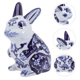 VOSAREA Ceramic Rabbit Figurine Blue and White Porcelain Bunny Statue Chinoiserie Decor for Home Table Book Shelf Car Dining Table Centerpiece