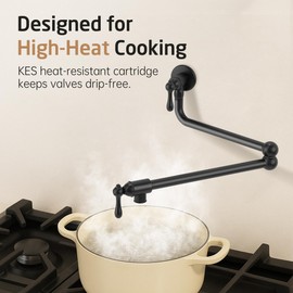 KES Upside Down Pot Filler Faucet with Heat-Resistant Cartridge, 26'' No Lead 18/8 Stainless Steel Over Stove Kitchen Pot Filler Faucets with Double Joints 360° Swing Arm Wall Mount, Black