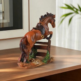 Realistic Brown Horse Resin Sculpture with Galloping Pose, Detailed Saddle and Gilded Stirrups, Natural Wood Log BaseColor: As picture, Size: One Size