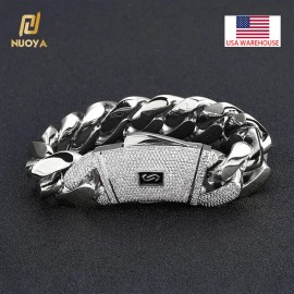 NUOYA 14K Gold Plated Thick Solid Cuban Link Chain Bracelet Iced Out Diamond Clasp Luxury Jewelry for Men and WomenColor: Silver, Length: Bracelet 7inch(17.78cm), Design: 6mm Brass+Zircon