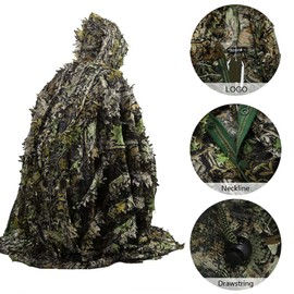 Zicac Outdoor 3D Leaves Camouflage Ghillie Poncho Camo Cape Cloak Stealth Ghillie Suit Military CS Woodland Hunting Poncho