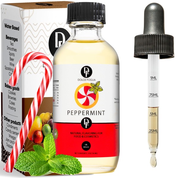 Dolce Foglia Pure Peppermint Extract for Baking | 2 Oz. |Oil Soluble, Sugar-Free, Zero Calories Multipurpose Peppermint Flavoring Oil for Candy Making, Lip Balm, Ice Cream| Perfect For Weight Management
