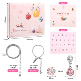 Naler 24-Piece Charms Advent Calendar Pink Jewellery Pendant Glass Beads with Chains and Bracelet for Christmas