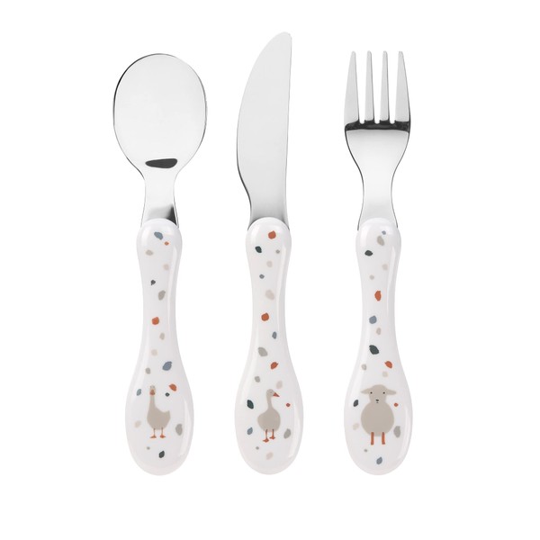 LÄSSIG Children's Cutlery Set 3 Pieces Spoon Fork Knife Stainless Steel Plastic Handle Cutlery 3 Pieces Tiny Farmer Sheep / Goose