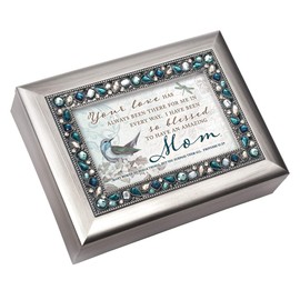 Cottage Garden Love Blessed Amazing Mom Brushed Silvertone Blue Jeweled Music Box Plays Eagle's Wings