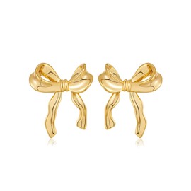 Bow Earrings for Women Girls, 14K Gold Plated Tie Bow knot Bowtie Stud Earrings, Trendy Butterfly Ribbon Tone Bow Earrings Jewellery Gift Birthday Wedding Christmas