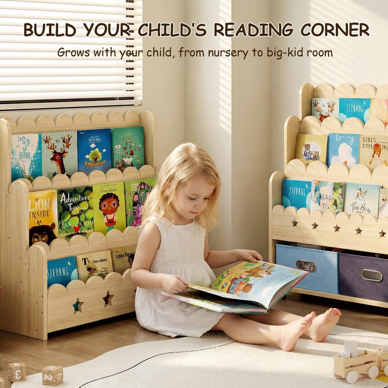 EXPERLAM Scalloped Bookshelf for Kids, 3-Tier Front Facing Book Display