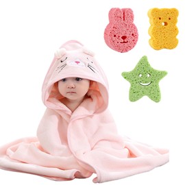 Baby Bath Towels with 3 Bath Sponges, Soft Baby Bath Towel, Child Hooded Towel, Super Absorbent, Baby Washcloth Towels with Cute Ears for Newborns / Toddlers 0-3 Years (Kittens)