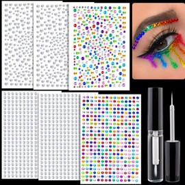 2010 Pcs of Rhinestone Stickers 3/4/5/6mm Clear+Colorful Self Adhesive Face Gems, Stick on Body Crystal Jewels with Quick Dry Makeup Glue for Face Eye Hair Nails Make up and Craft DIY Decorations