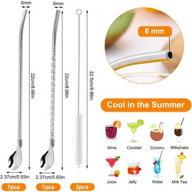 14 Pieces Stainless Steel Drinking Straw Spoon, Reusable Metal Straw Spoon 2 in 1, Metal Spoon Drinking Straws Set with 2 Cleaning Brushes, for Smoothies, Milkshakes and Coffee Stirrer (Silver)