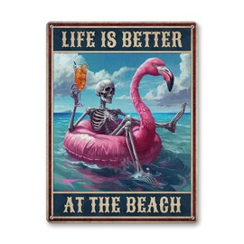 Artsy Woodsy Skeleton Skull Flamingo Beach Metal Tin Sign, 11.8x15.7 Inches, Life Is Better At The Beach Sign, Beach House Sign, Beach Pool Nautical Coastal Wall Hanging Decor